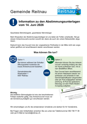 Information zu den Abstimmungsunterlagen vom 14.06.2026